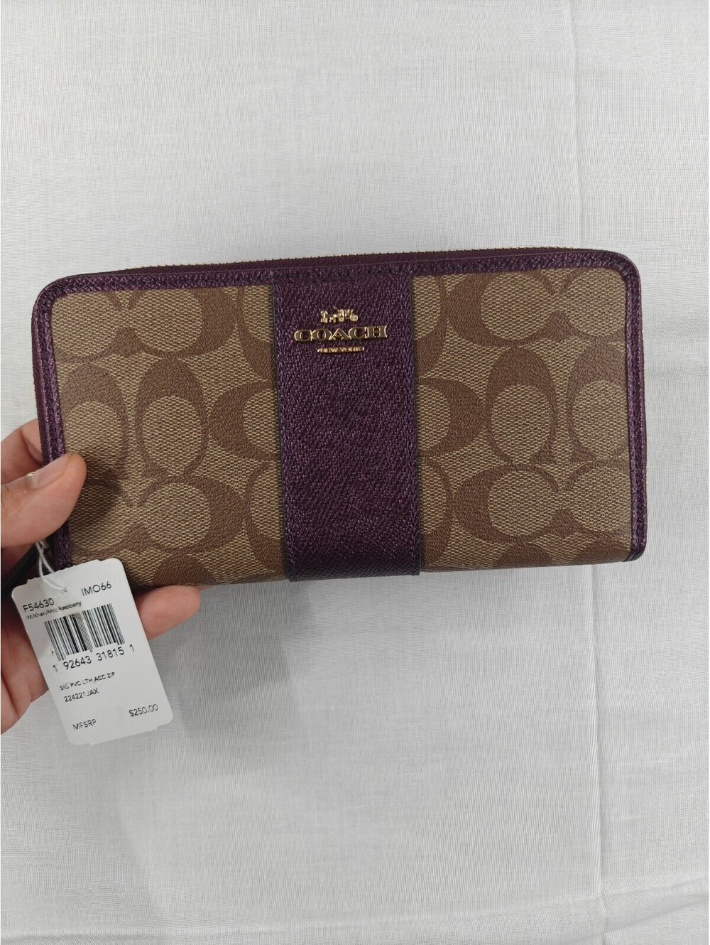 Coach F54630 Signature Canvas Accordion Zip Wallet Khaki Raspberry NWT $250